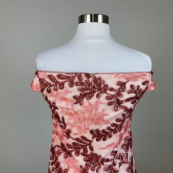 Adrianna Papell Sequin Off the Shoulder Cocktail Dress Pink Floral Midi Sheath - Picture 8 of 13